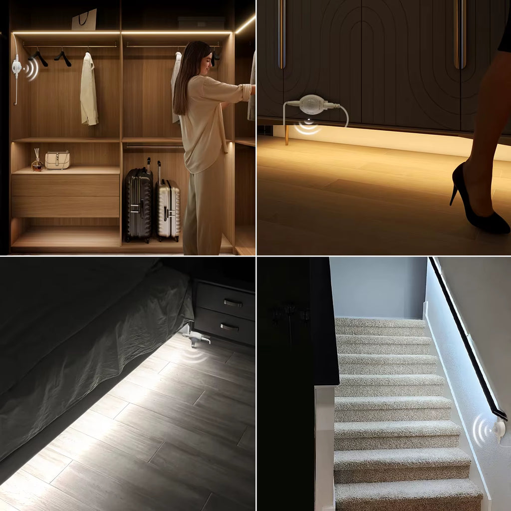 Wireless PIR Motion Sensor LED under Bed Night Light 12V LED Light Strip Kitchen Cabinet Bedroom Stairs Hallway Emergency Lamps