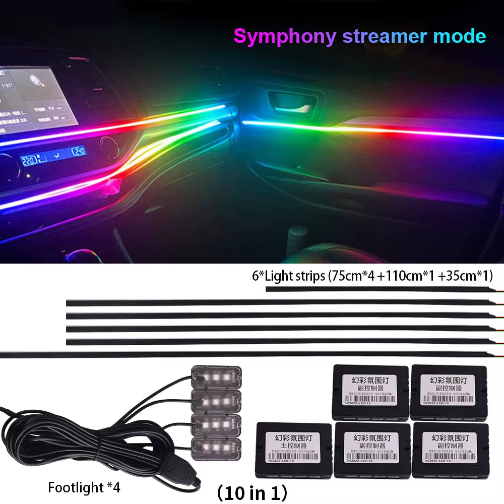 18 in 1 Symphony Car Ambient Lights LED RGB 64 Colors Hidden Neon Acrylic Strip Interior Atmosphere Lamps Kit Black Tape Sticker