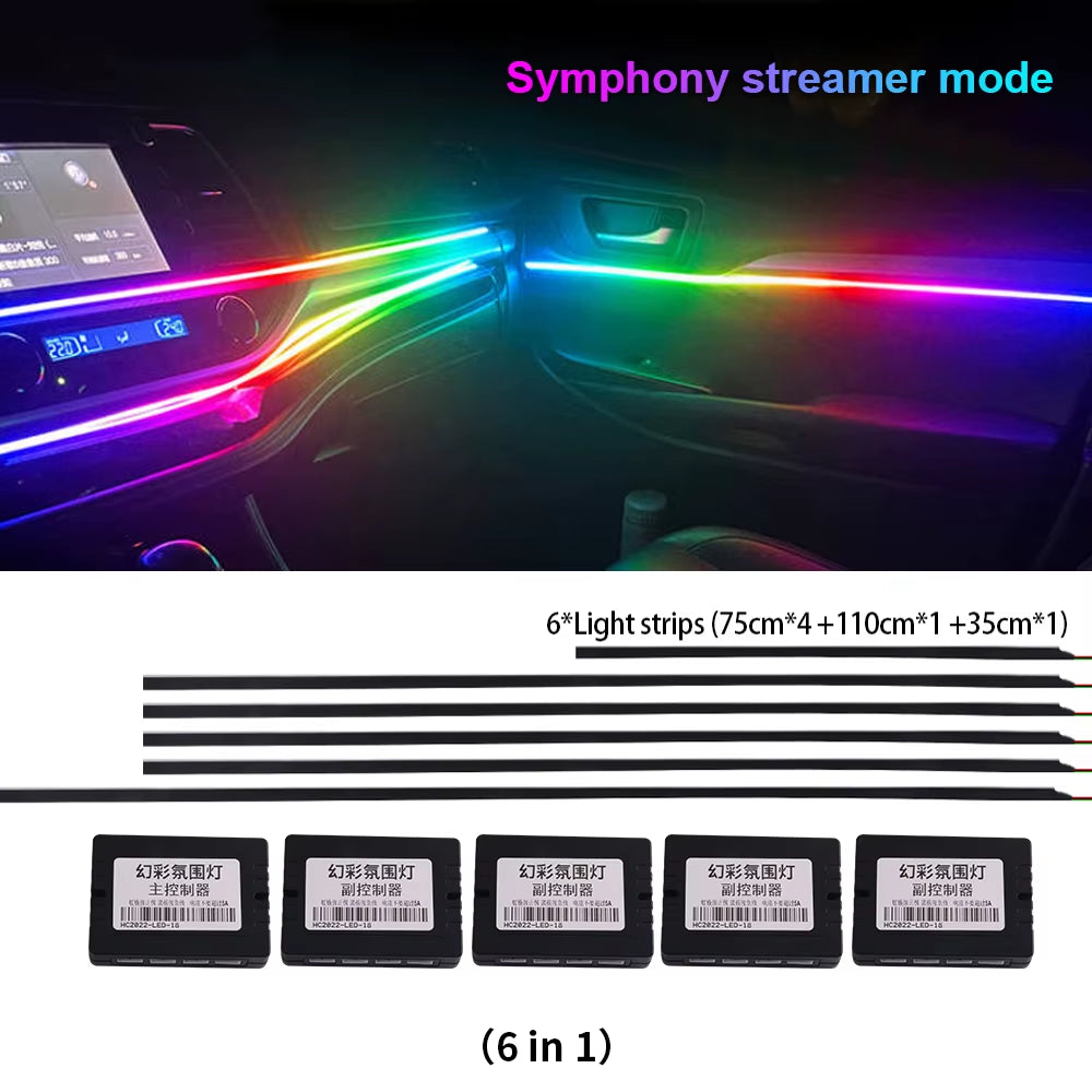 18 in 1 Symphony Car Ambient Lights LED RGB 64 Colors Hidden Neon Acrylic Strip Interior Atmosphere Lamps Kit Black Tape Sticker