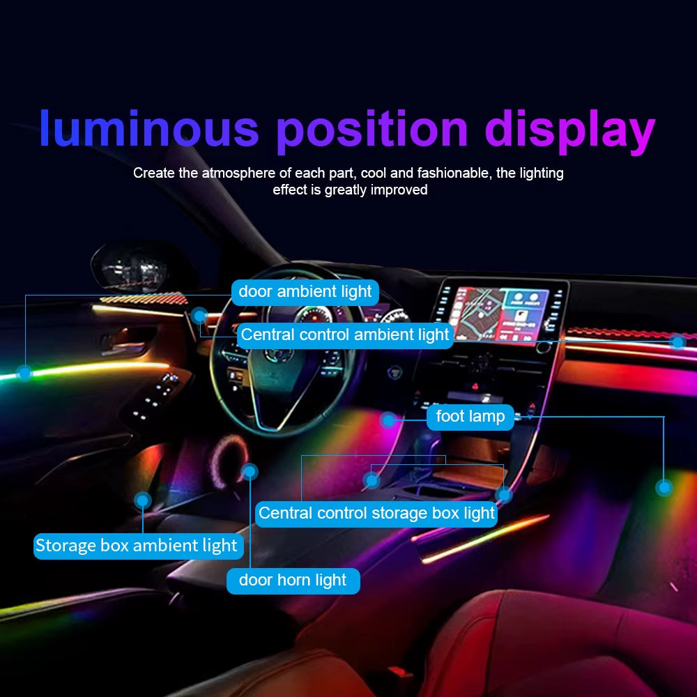 18 in 1 Symphony Car Ambient Lights LED RGB 64 Colors Hidden Neon Acrylic Strip Interior Atmosphere Lamps Kit Black Tape Sticker