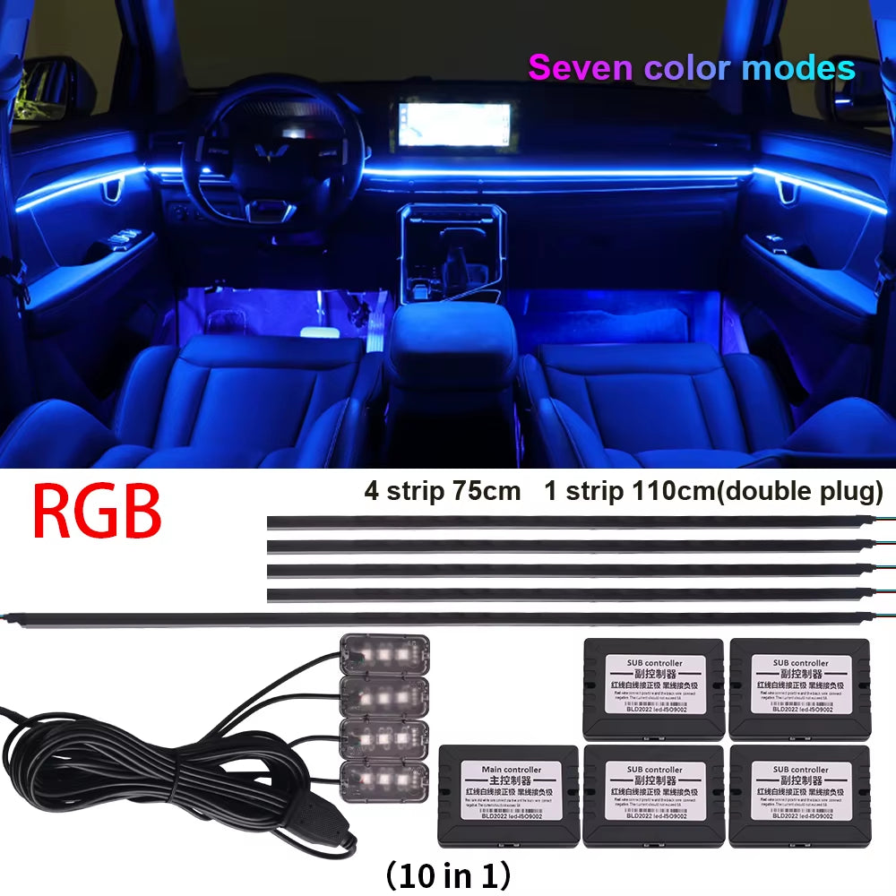 18 in 1 Symphony Car Ambient Lights LED RGB 64 Colors Hidden Neon Acrylic Strip Interior Atmosphere Lamps Kit Black Tape Sticker