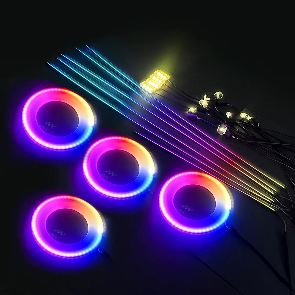 18 in 1 Symphony Car Ambient Lights LED RGB 64 Colors Hidden Neon Acrylic Strip Interior Atmosphere Lamps Kit Black Tape Sticker