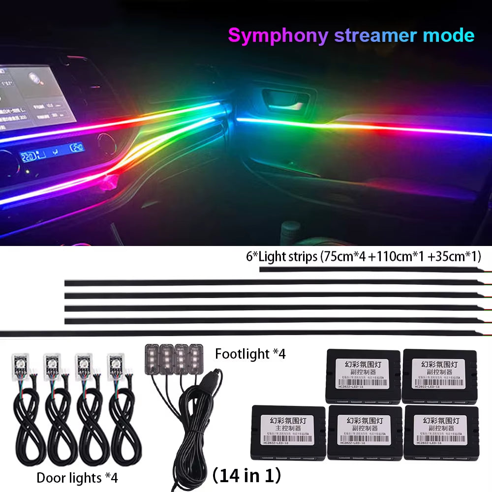 18 in 1 Symphony Car Ambient Lights LED RGB 64 Colors Hidden Neon Acrylic Strip Interior Atmosphere Lamps Kit Black Tape Sticker