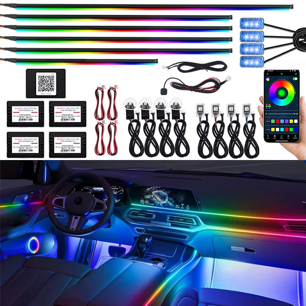 18 in 1 Symphony Car Ambient Lights LED RGB 64 Colors Hidden Neon Acrylic Strip Interior Atmosphere Lamps Kit Black Tape Sticker