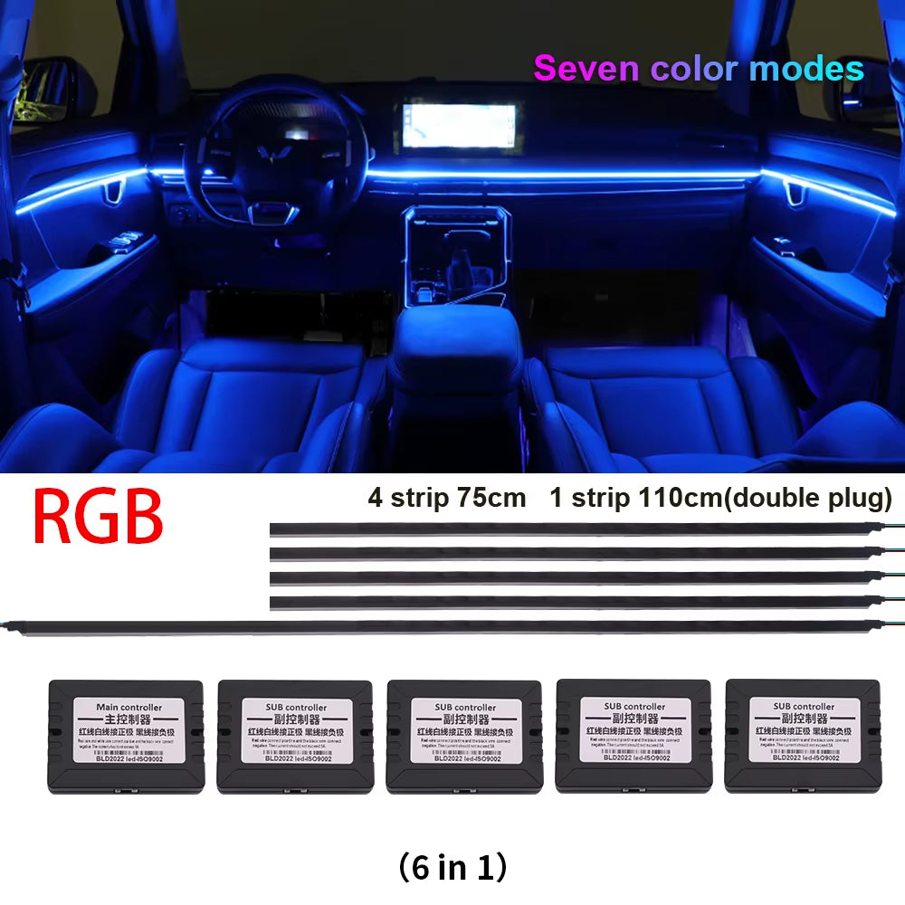 18 in 1 Symphony Car Ambient Lights LED RGB 64 Colors Hidden Neon Acrylic Strip Interior Atmosphere Lamps Kit Black Tape Sticker