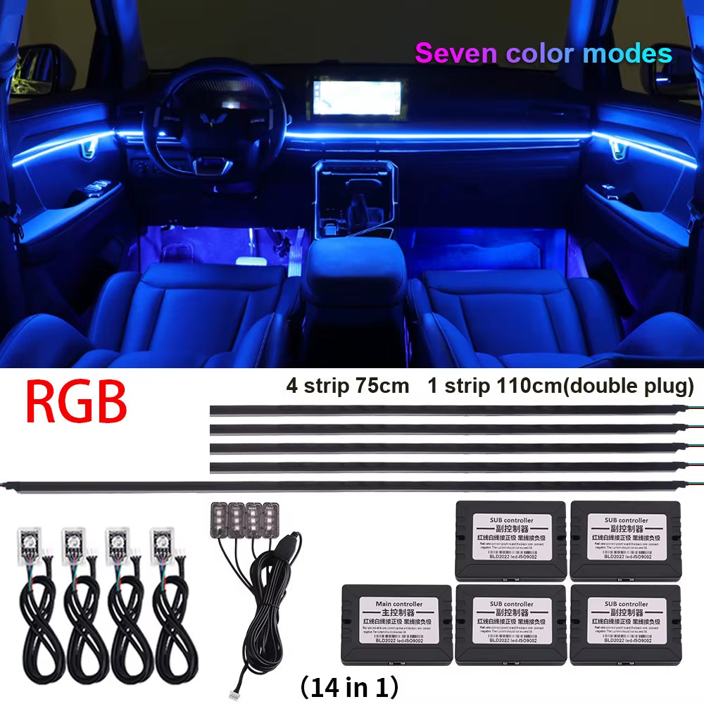 18 in 1 Symphony Car Ambient Lights LED RGB 64 Colors Hidden Neon Acrylic Strip Interior Atmosphere Lamps Kit Black Tape Sticker