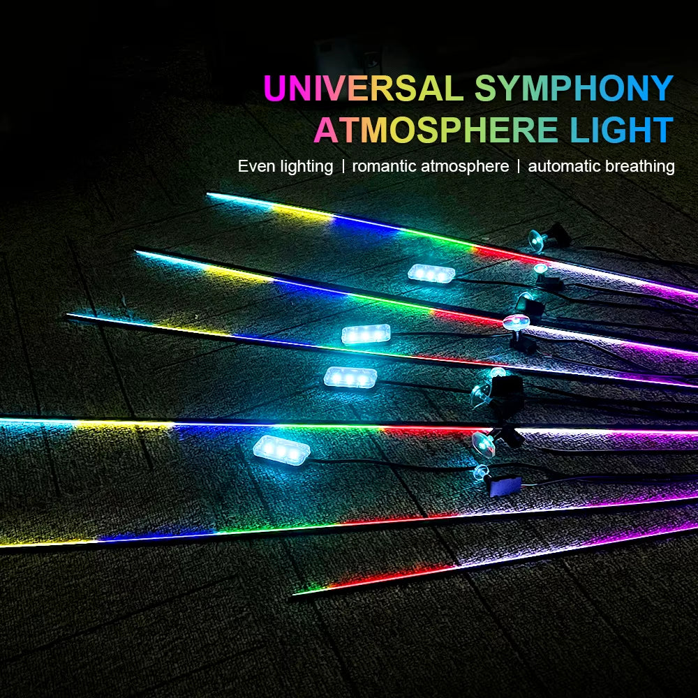 18 in 1 Symphony Car Ambient Lights LED RGB 64 Colors Hidden Neon Acrylic Strip Interior Atmosphere Lamps Kit Black Tape Sticker