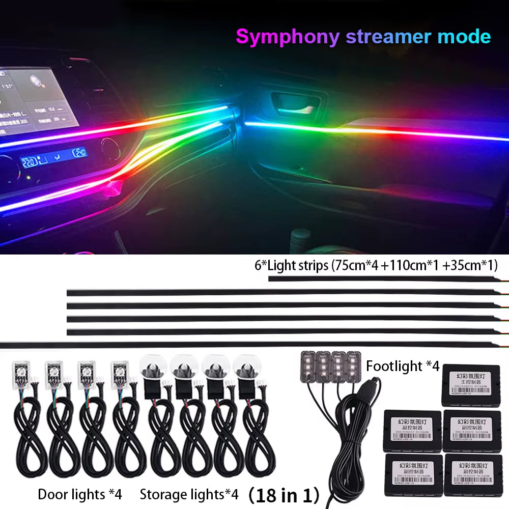 18 in 1 Symphony Car Ambient Lights LED RGB 64 Colors Hidden Neon Acrylic Strip Interior Atmosphere Lamps Kit Black Tape Sticker