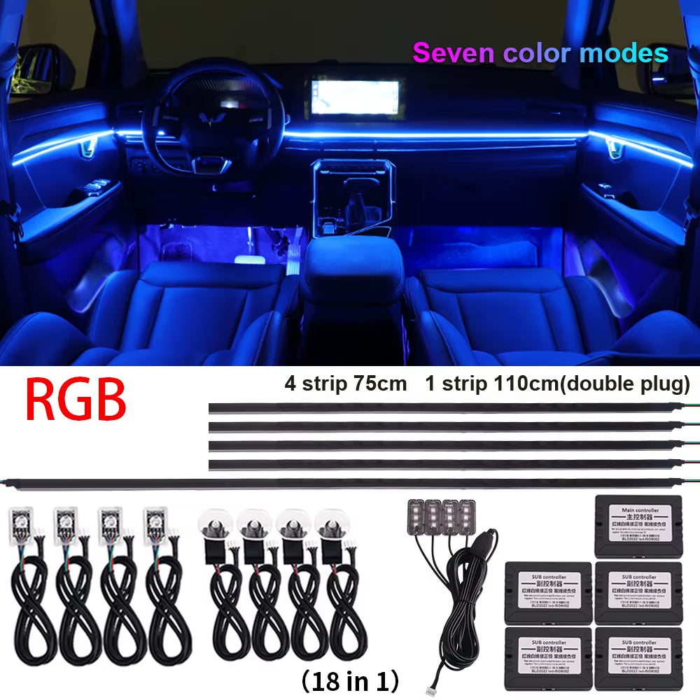 18 in 1 Symphony Car Ambient Lights LED RGB 64 Colors Hidden Neon Acrylic Strip Interior Atmosphere Lamps Kit Black Tape Sticker