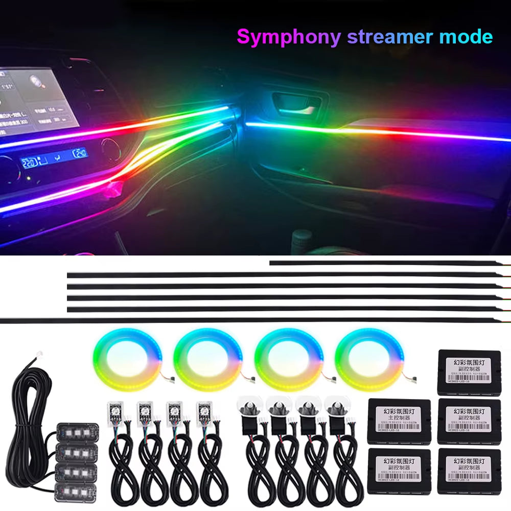 18 in 1 Symphony Car Ambient Lights LED RGB 64 Colors Hidden Neon Acrylic Strip Interior Atmosphere Lamps Kit Black Tape Sticker