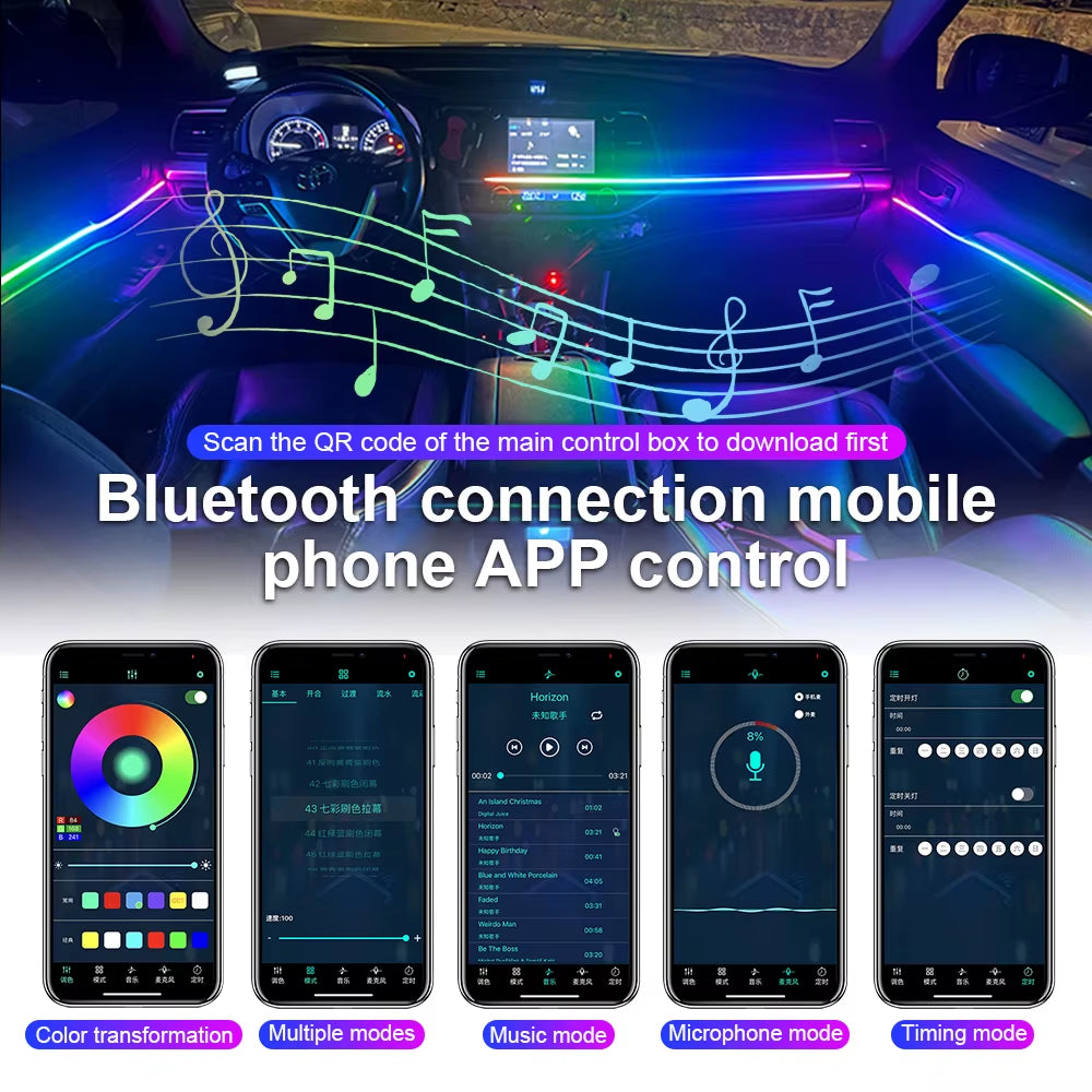 18 in 1 Symphony Car Ambient Lights LED RGB 64 Colors Hidden Neon Acrylic Strip Interior Atmosphere Lamps Kit Black Tape Sticker