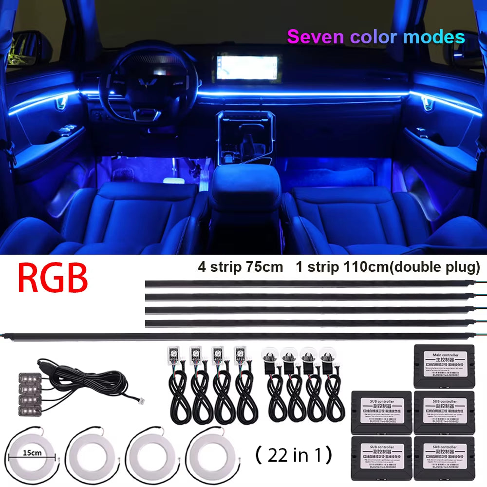 18 in 1 Symphony Car Ambient Lights LED RGB 64 Colors Hidden Neon Acrylic Strip Interior Atmosphere Lamps Kit Black Tape Sticker